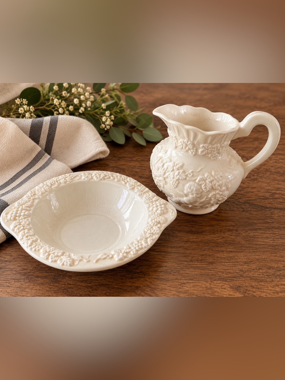 Lefton Cream Embossed Ceramic Pitcher and Serving Bowl